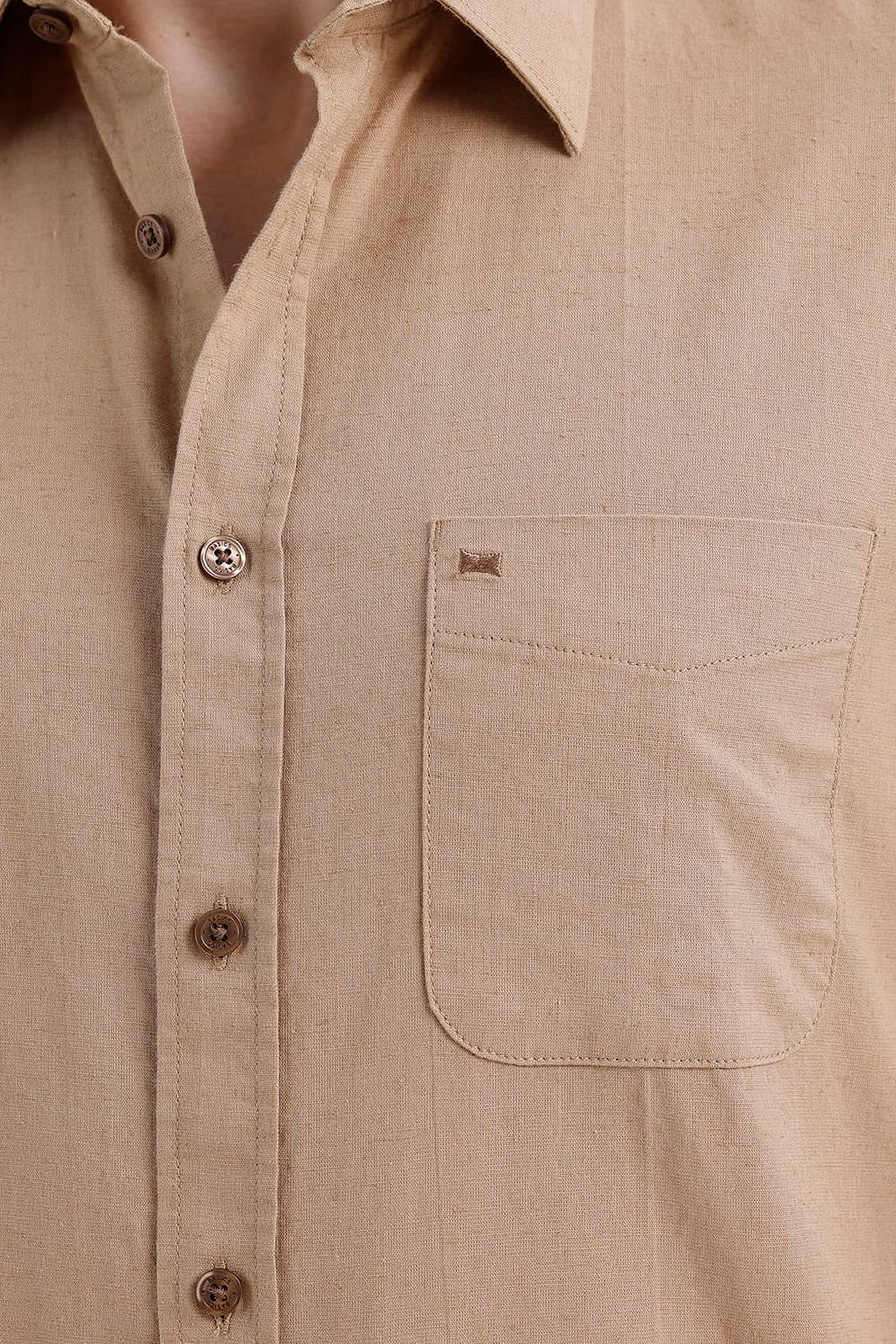 BASICS SLIM FIT TREE KHAKI COTTON LINEN HALFSLEEVES SHIRT
