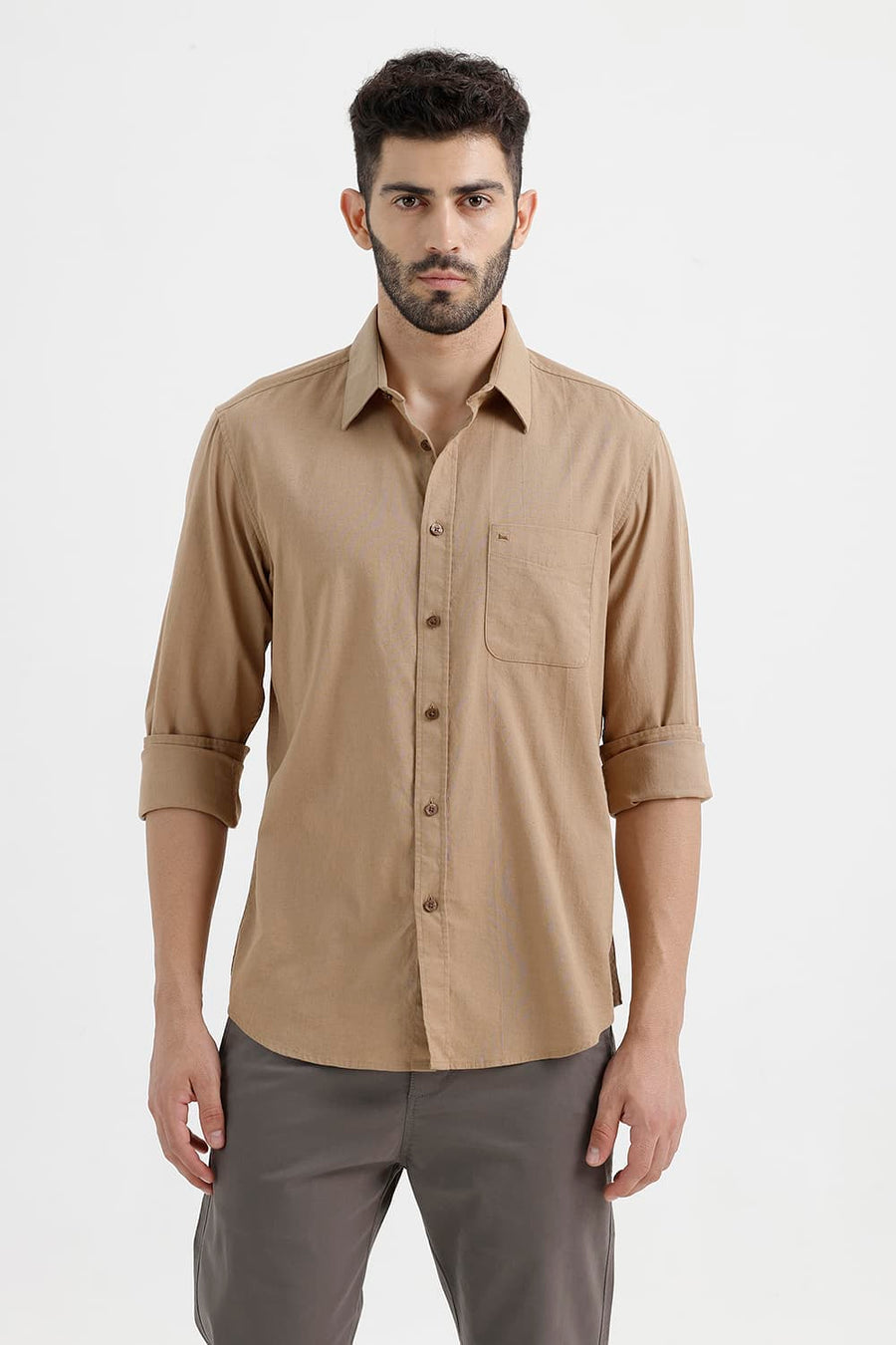BASICS SLIM FIT TREE KHAKI COTTON LINEN SHIRT