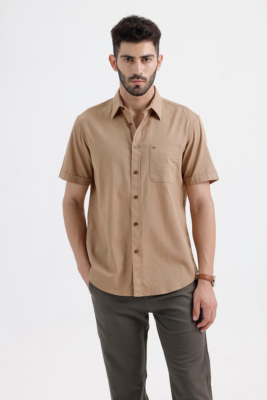 BASICS SLIM FIT TREE KHAKI COTTON LINEN HALFSLEEVES SHIRT