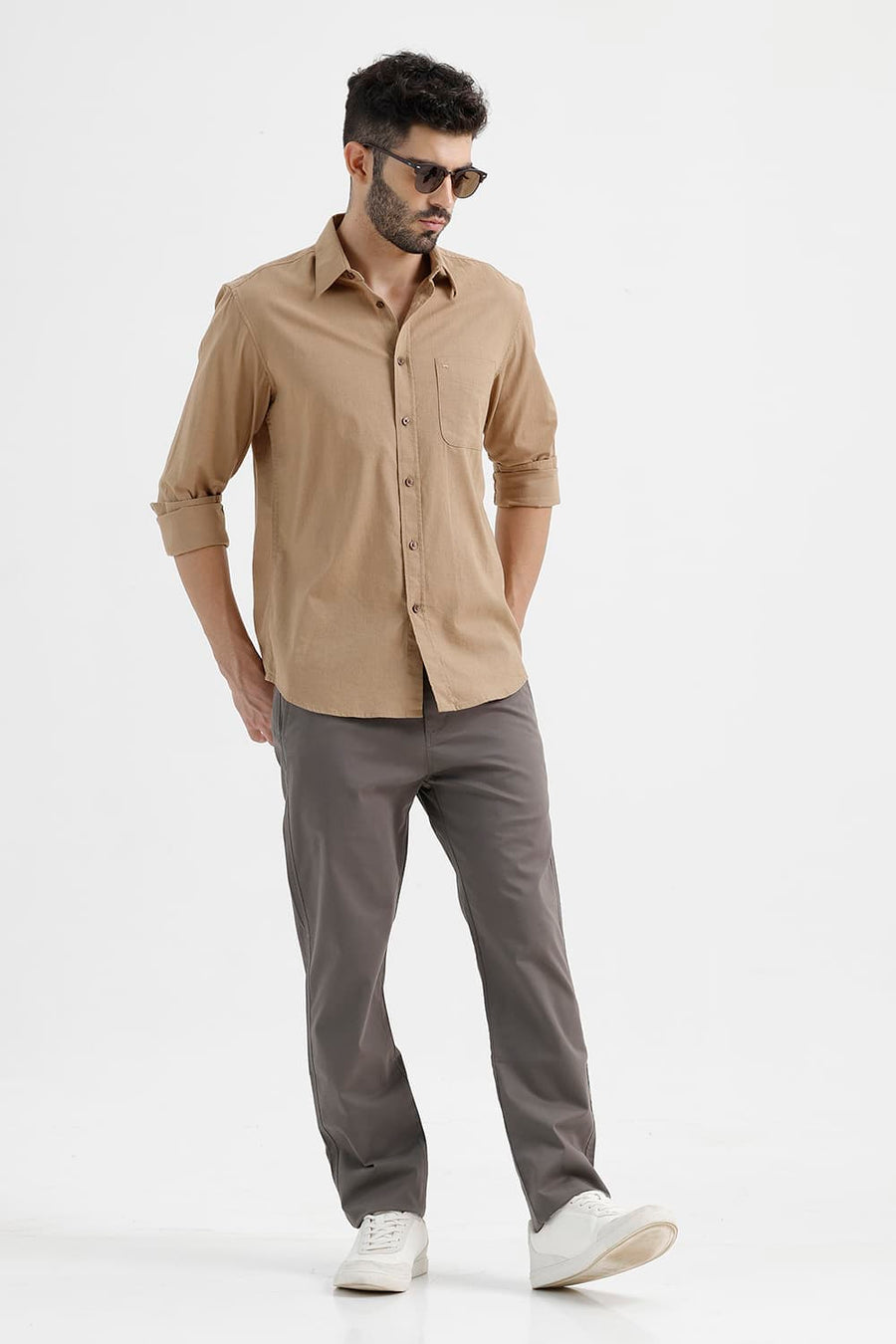 BASICS SLIM FIT TREE KHAKI COTTON LINEN SHIRT