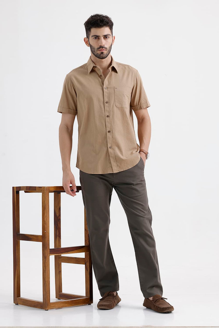 BASICS SLIM FIT TREE KHAKI COTTON LINEN HALFSLEEVES SHIRT