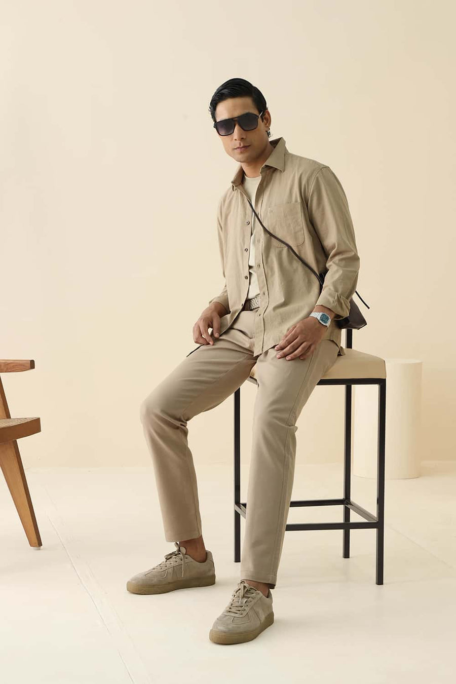 Basics Slim Fit Tree Khaki Cotton Linen Shirt