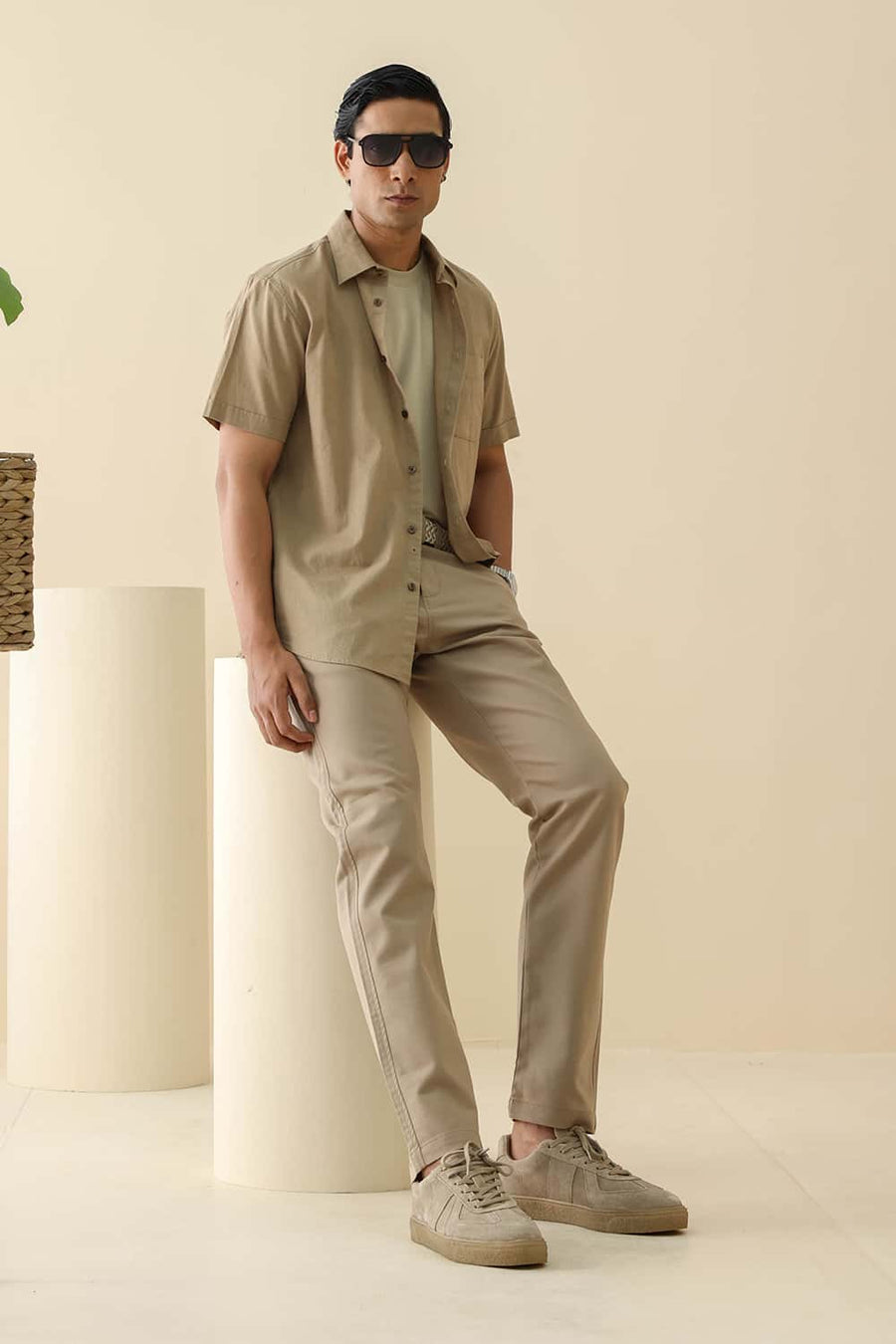 Basics Slim Fit Tree Khaki Cotton Linen Halfsleeves Shirt