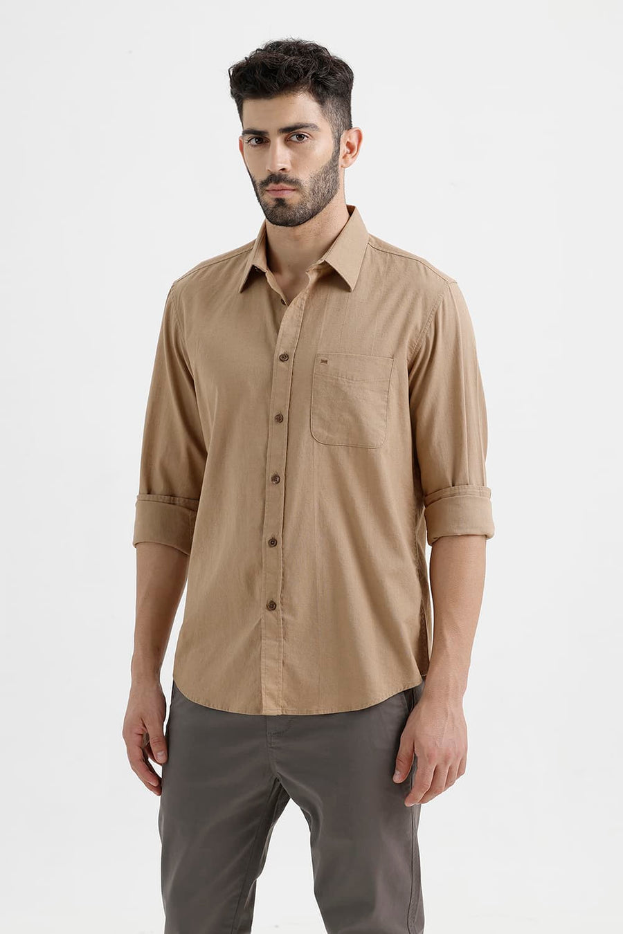 BASICS SLIM FIT TREE KHAKI COTTON LINEN SHIRT