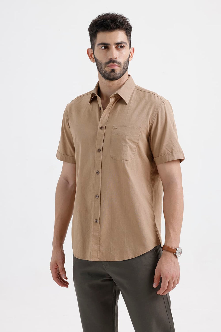 BASICS SLIM FIT TREE KHAKI COTTON LINEN HALFSLEEVES SHIRT