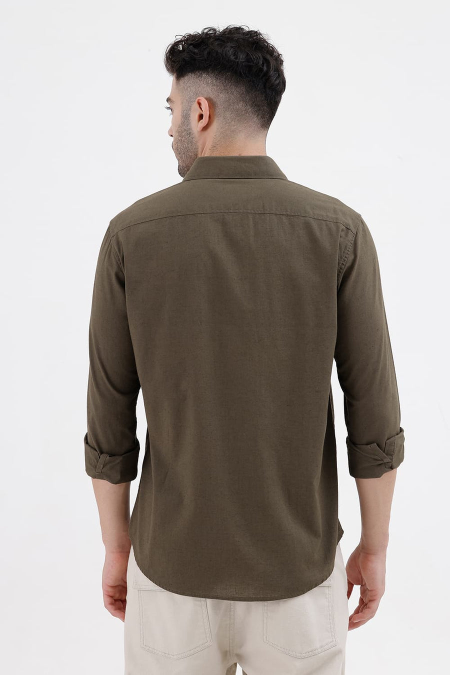 BASICS SLIM FIT IVY GREEN COTTON LINEN SHIRT