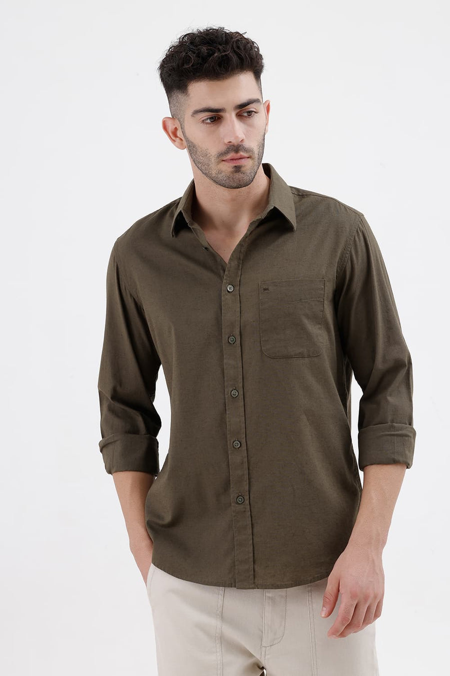BASICS SLIM FIT IVY GREEN COTTON LINEN SHIRT