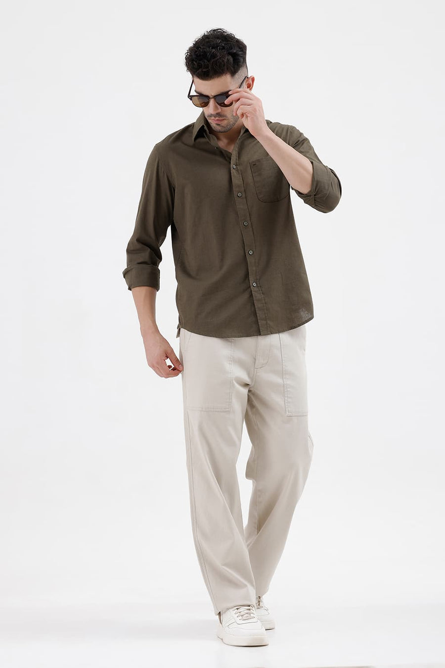 BASICS SLIM FIT IVY GREEN COTTON LINEN SHIRT