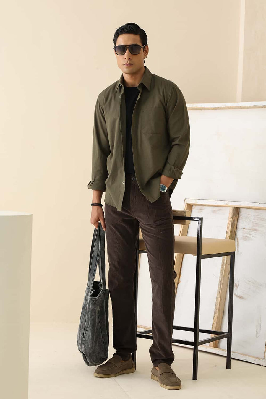 Basics Slim Fit Ivy Green Cotton Linen Shirt