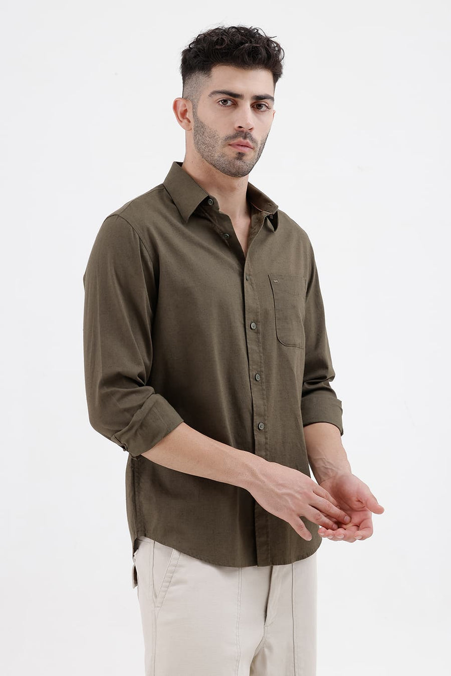 BASICS SLIM FIT IVY GREEN COTTON LINEN SHIRT
