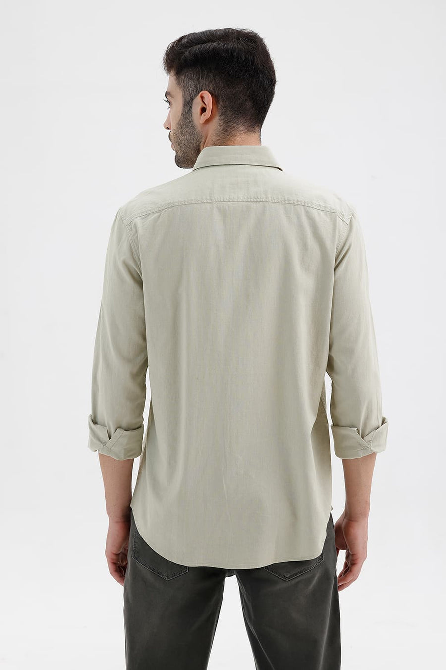 BASICS SLIM FIT AGATE GREEN COTTON LINEN SHIRT