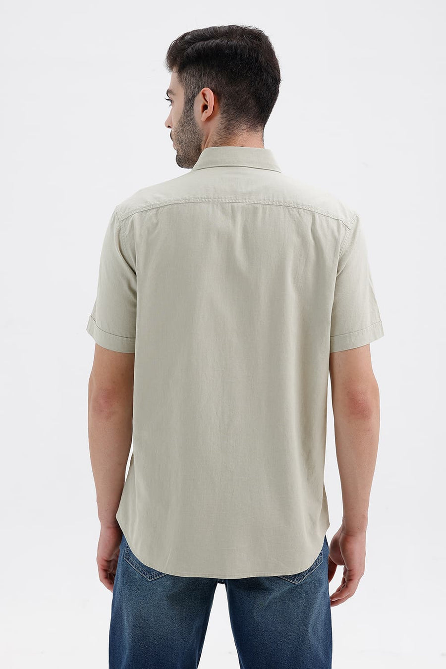 BASICS SLIM FIT AGATE GREEN COTTON LINEN HALFSLEEVES SHIRT