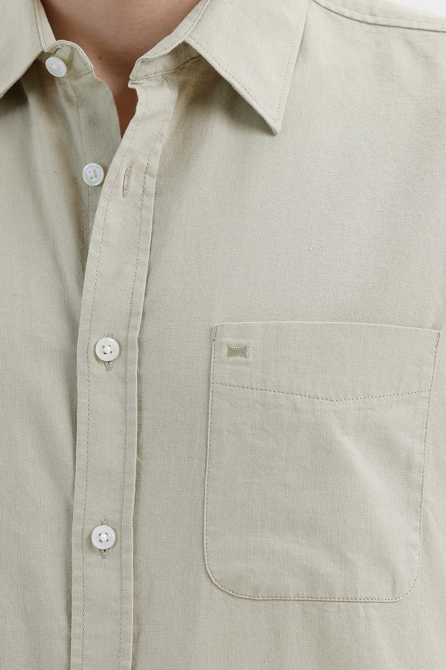 BASICS SLIM FIT AGATE GREEN COTTON LINEN SHIRT