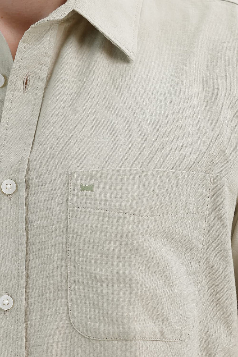 BASICS SLIM FIT AGATE GREEN COTTON LINEN HALFSLEEVES SHIRT