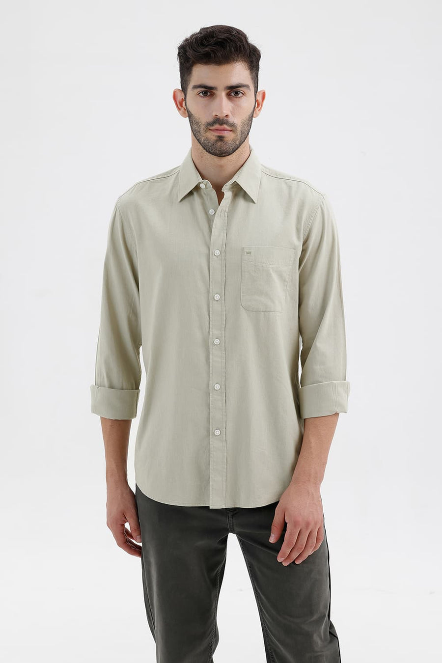 BASICS SLIM FIT AGATE GREEN COTTON LINEN SHIRT