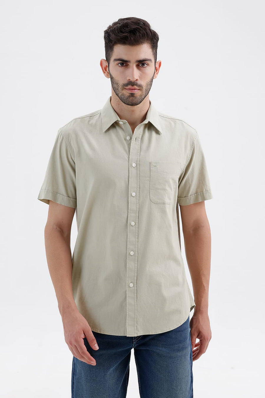 BASICS SLIM FIT AGATE GREEN COTTON LINEN HALFSLEEVES SHIRT
