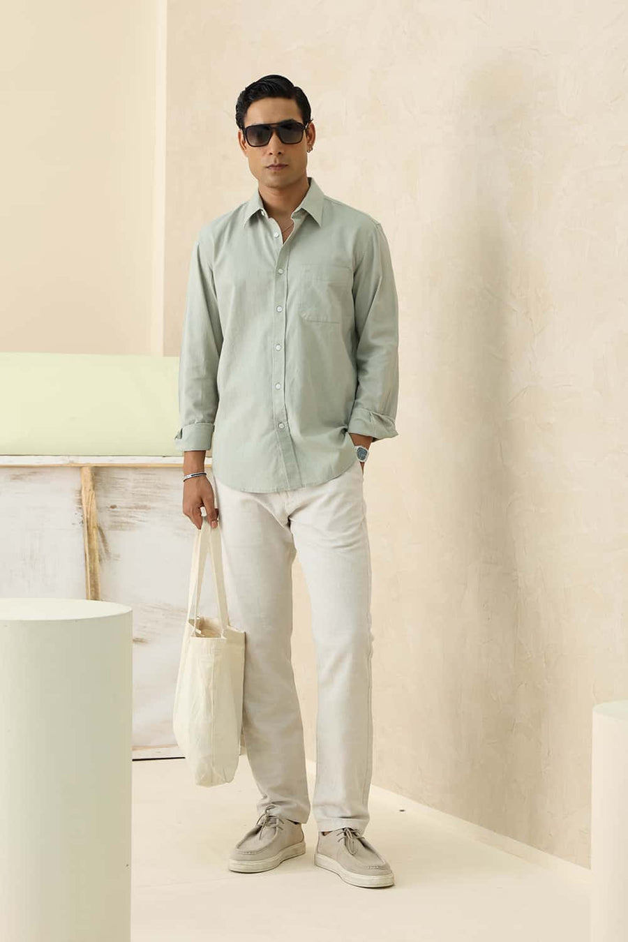 Basics Slim Fit Agate Green Cotton Linen Shirt