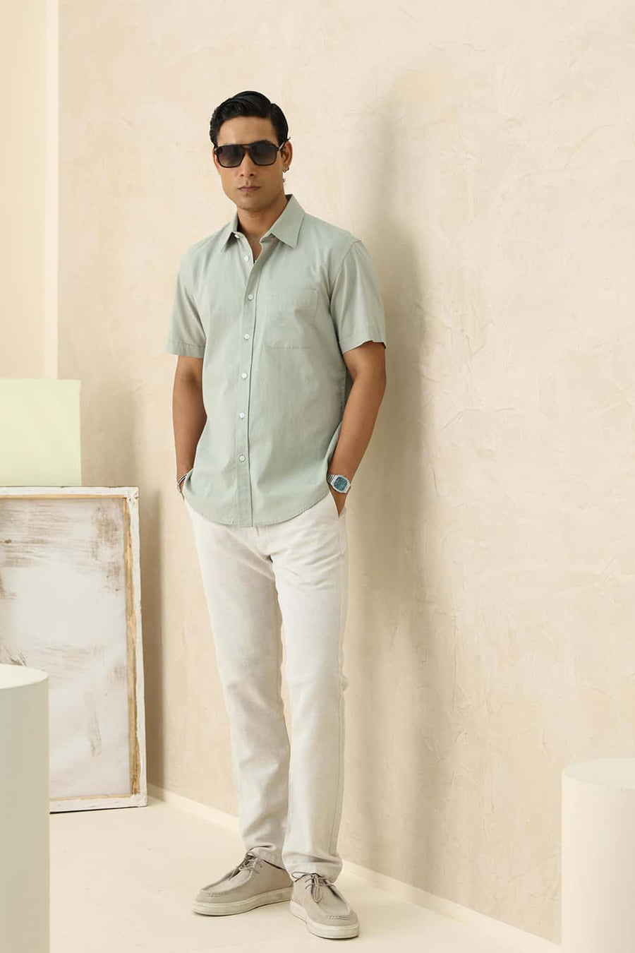 Basics Slim Fit Agate Green Cotton Linen Halfsleeves Shirt
