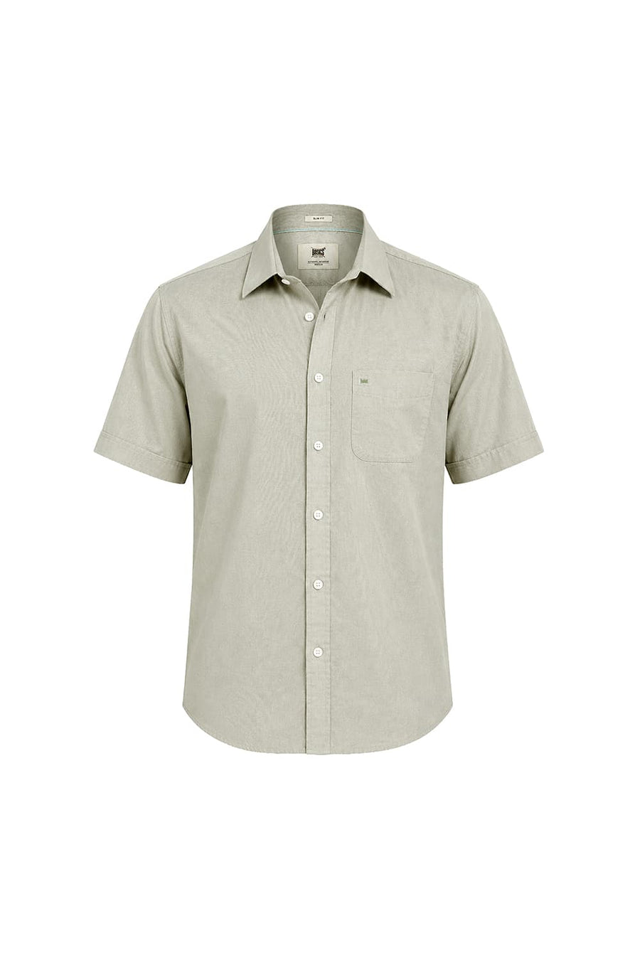 BASICS SLIM FIT AGATE GREEN COTTON LINEN HALFSLEEVES SHIRT