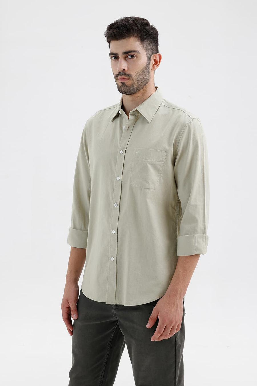 BASICS SLIM FIT AGATE GREEN COTTON LINEN SHIRT