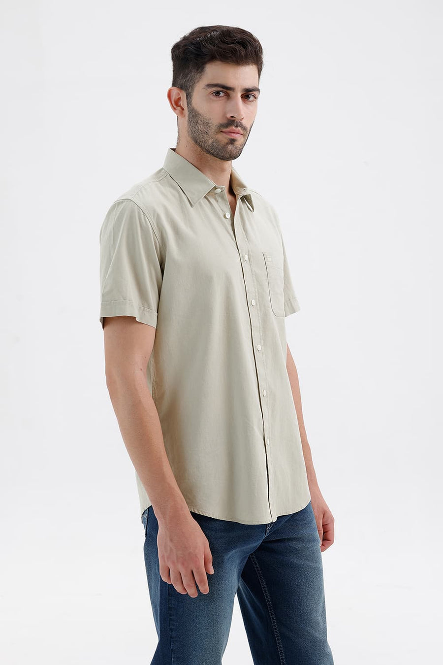 BASICS SLIM FIT AGATE GREEN COTTON LINEN HALFSLEEVES SHIRT