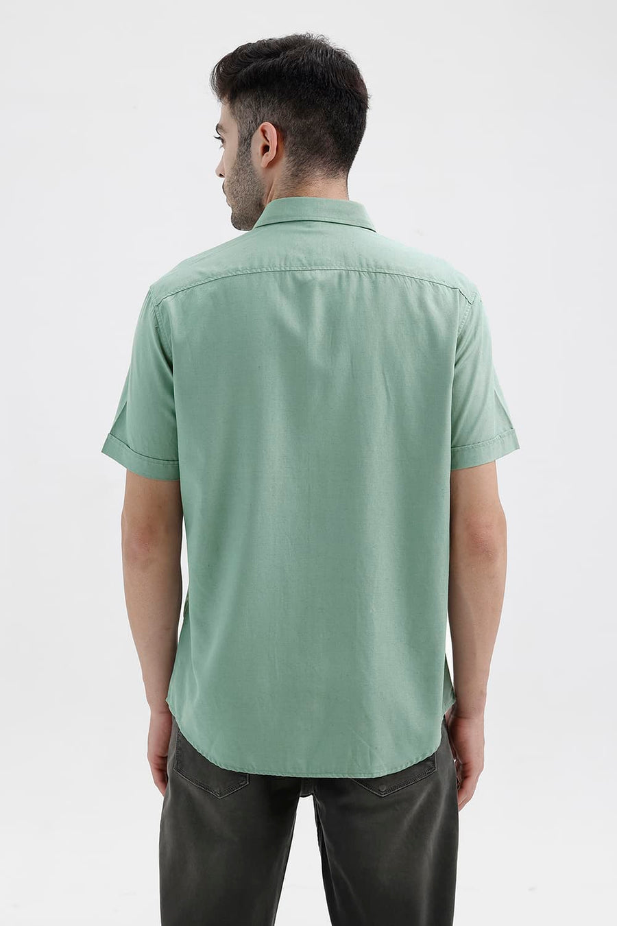 BASICS SLIM FIT BERYL GREEN LYOCELL LINEN HALFSLEEVES SHIRT