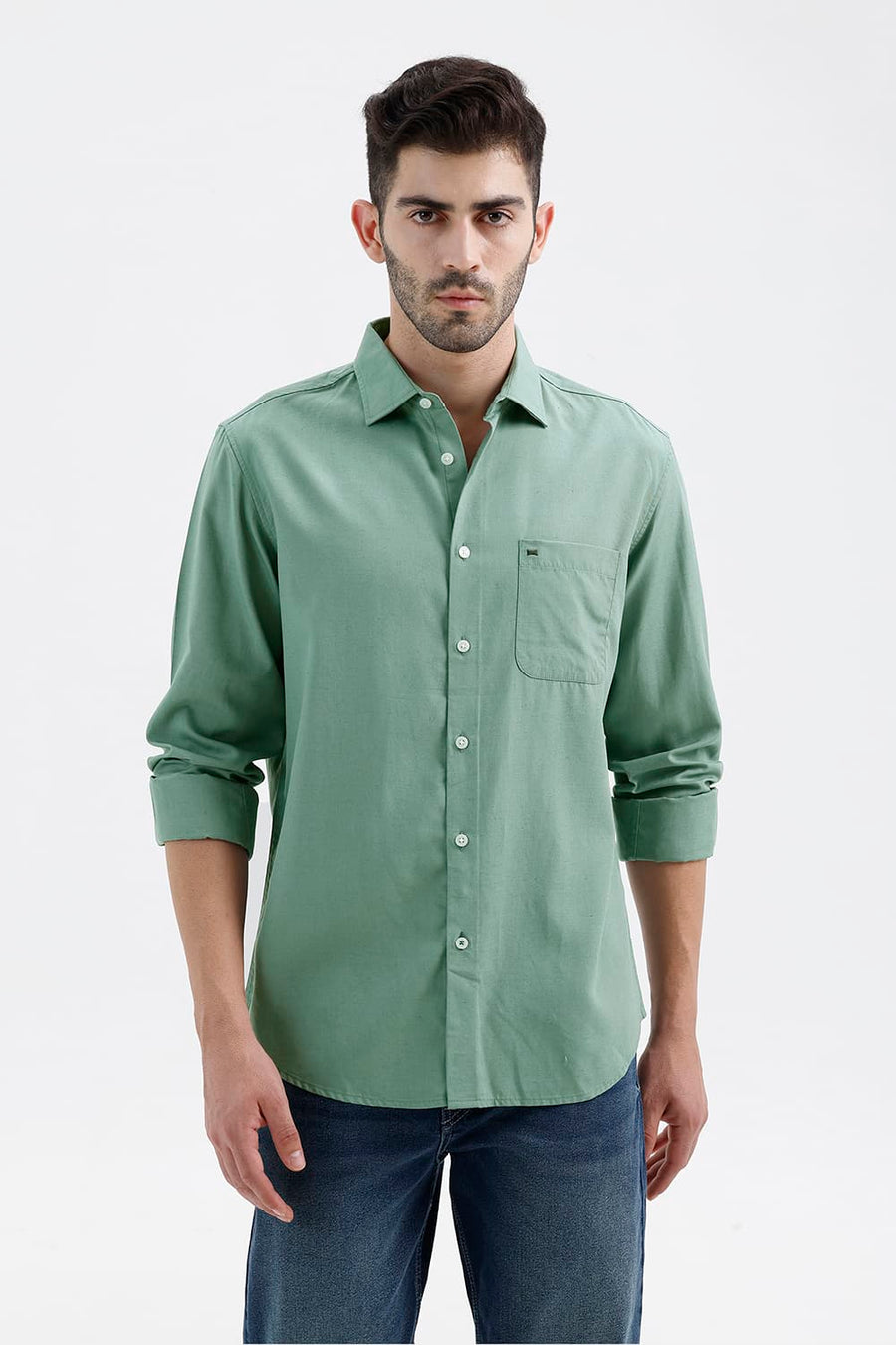 BASICS SLIM FIT BERYL GREEN LYOCELL LINEN SHIRT