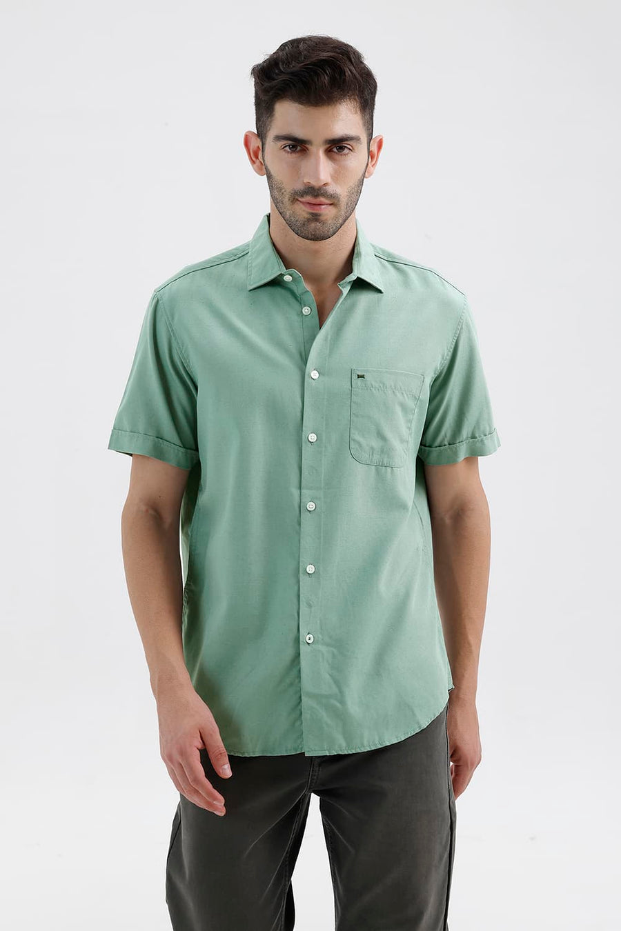 BASICS SLIM FIT BERYL GREEN LYOCELL LINEN HALFSLEEVES SHIRT