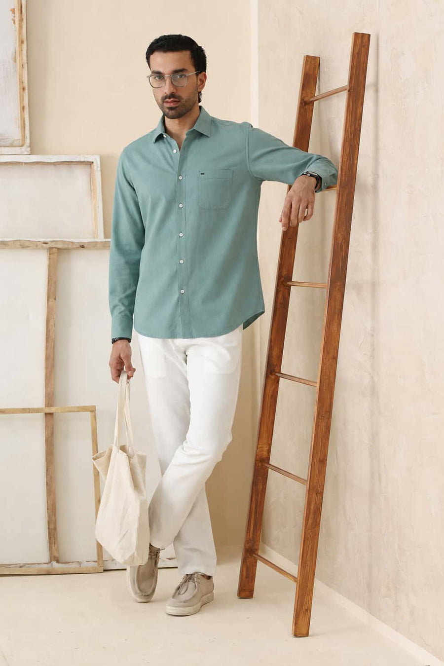 Basics Slim Fit Beryl Green Lyocell Linen Shirt