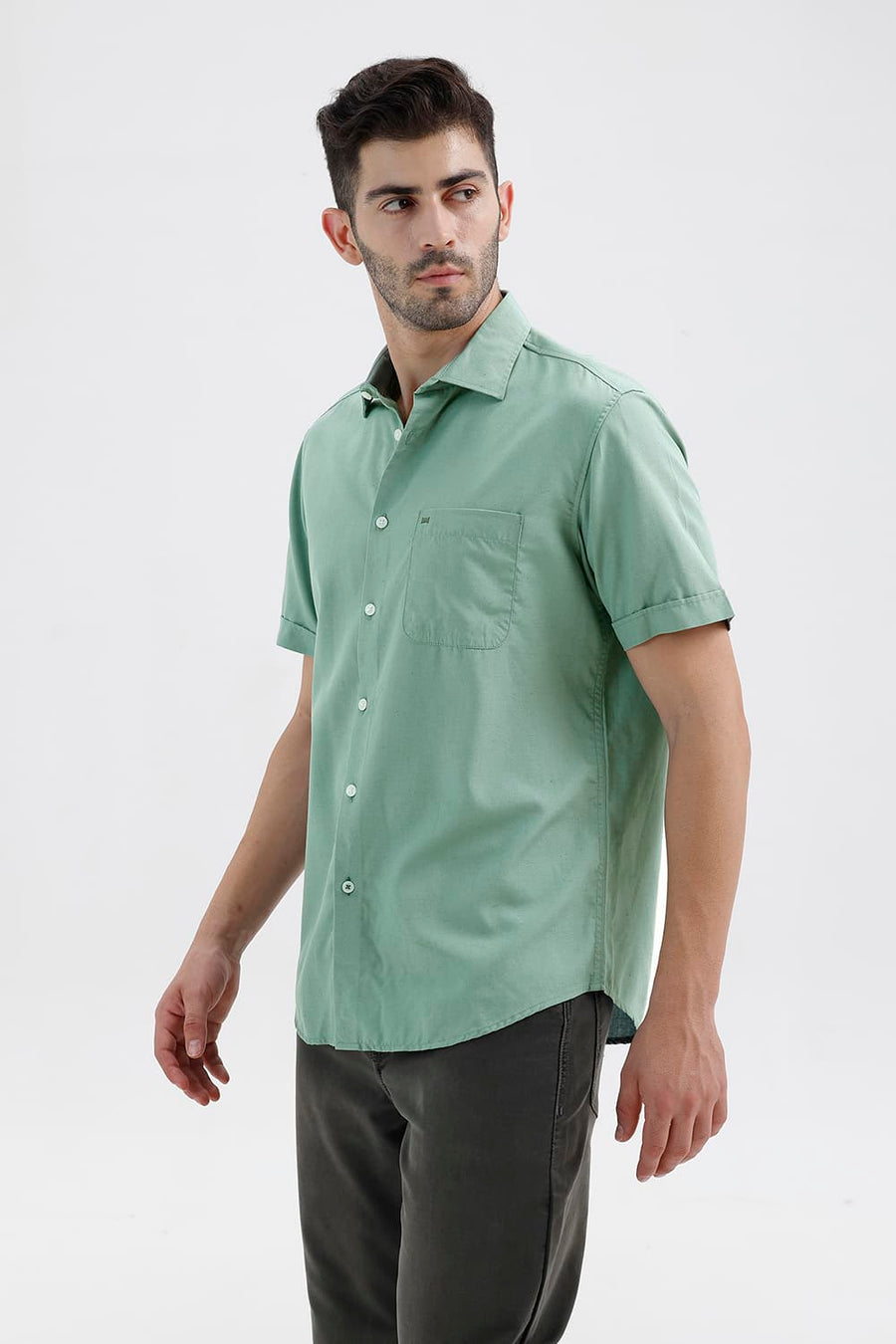 BASICS SLIM FIT BERYL GREEN LYOCELL LINEN HALFSLEEVES SHIRT