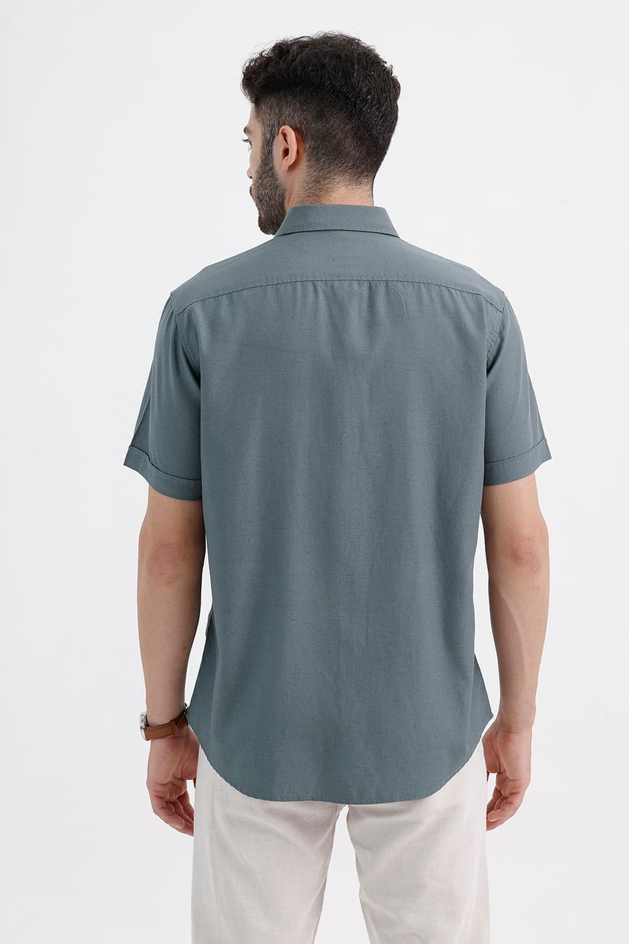 BASICS SLIM FIT STORM GREY LYOCELL LINEN HALFSLEEVES SHIRT