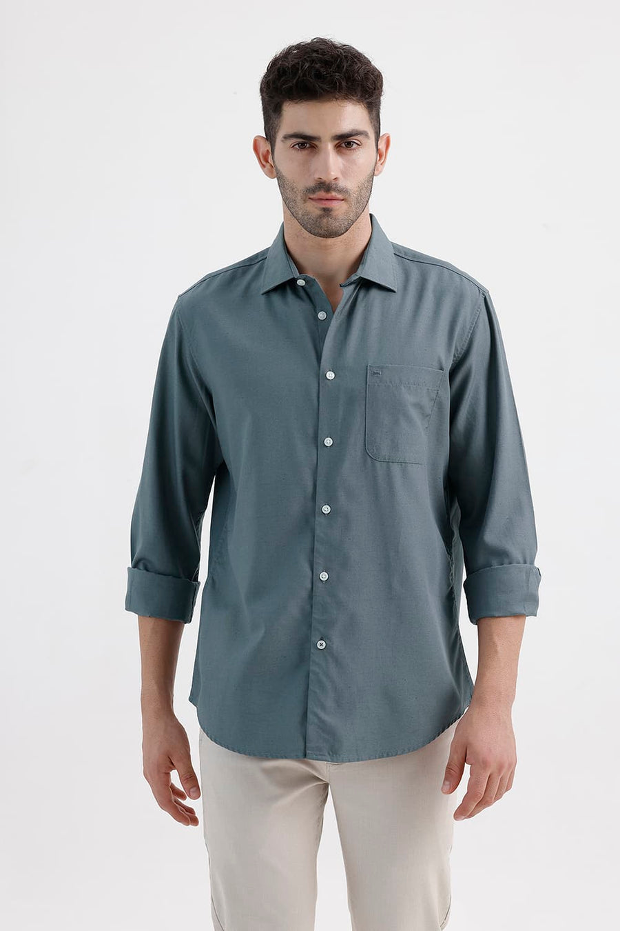 BASICS SLIM FIT STORM GREY LYOCELL LINEN SHIRT