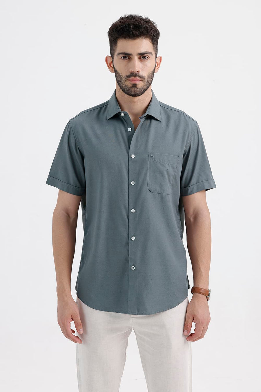 BASICS SLIM FIT STORM GREY LYOCELL LINEN HALFSLEEVES SHIRT