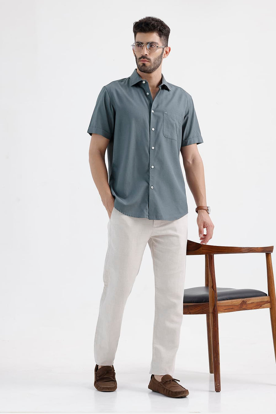 BASICS SLIM FIT STORM GREY LYOCELL LINEN HALFSLEEVES SHIRT