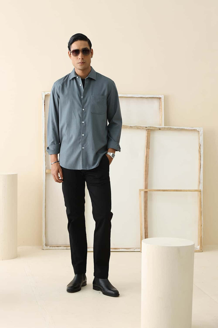 Basics Slim Fit Storm Grey Lyocell Linen Shirt