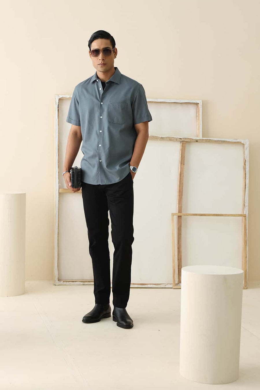 Basics Slim Fit Storm Grey Lyocell Linen Halfsleeves Shirt