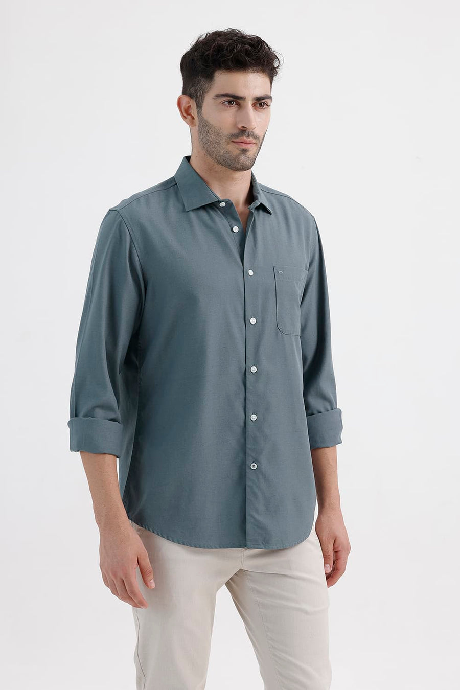 BASICS SLIM FIT STORM GREY LYOCELL LINEN SHIRT
