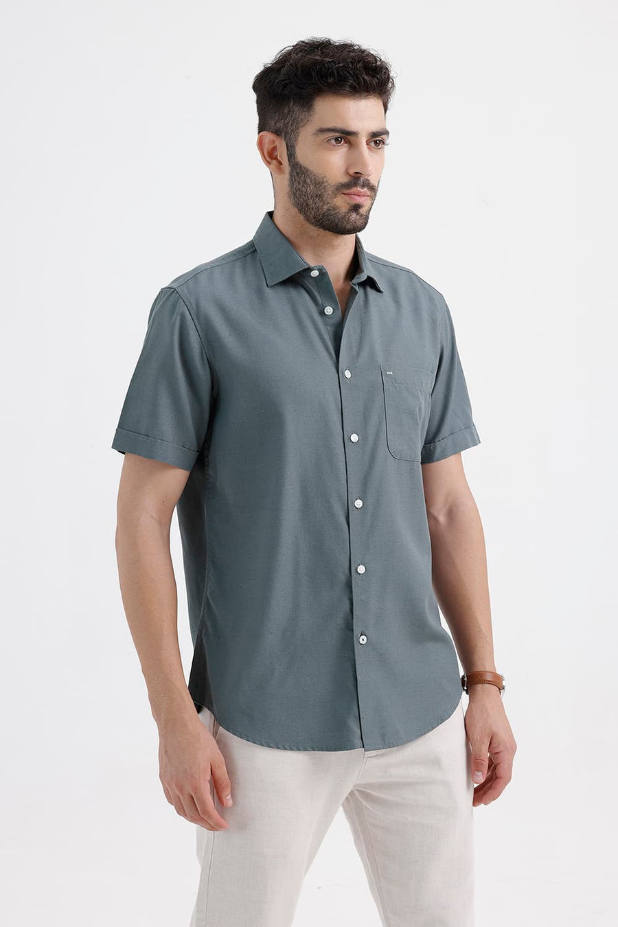 BASICS SLIM FIT STORM GREY LYOCELL LINEN HALFSLEEVES SHIRT