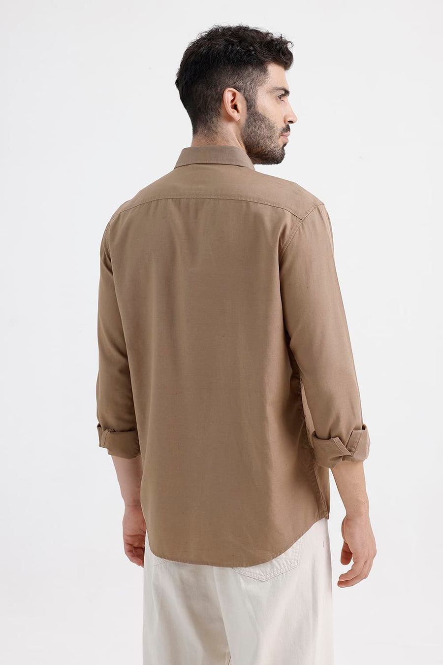 BASICS SLIM FIT MINK KHAKI LYOCELL LINEN SHIRT