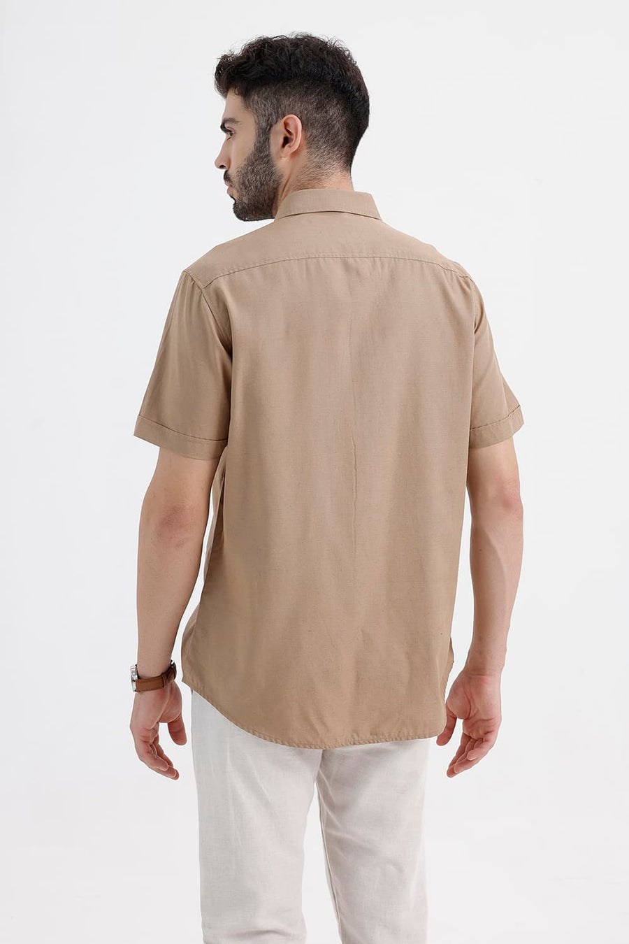 BASICS SLIM FIT MINK KHAKI LYOCELL LINEN HALFSLEEVES SHIRT