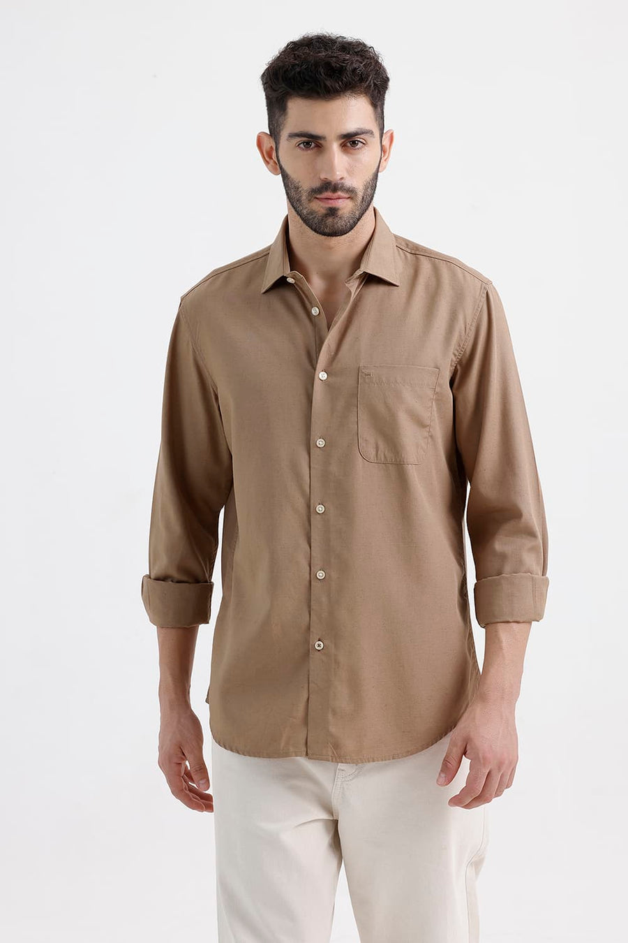 BASICS SLIM FIT MINK KHAKI LYOCELL LINEN SHIRT