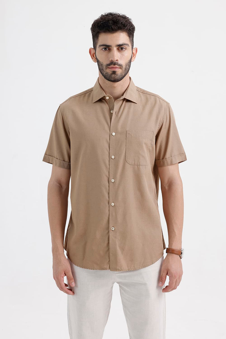 BASICS SLIM FIT MINK KHAKI LYOCELL LINEN HALFSLEEVES SHIRT