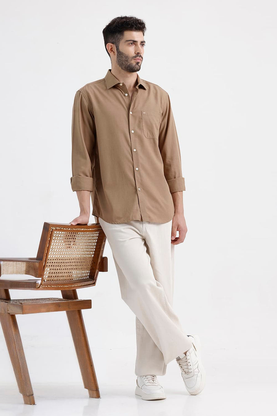 BASICS SLIM FIT MINK KHAKI LYOCELL LINEN SHIRT