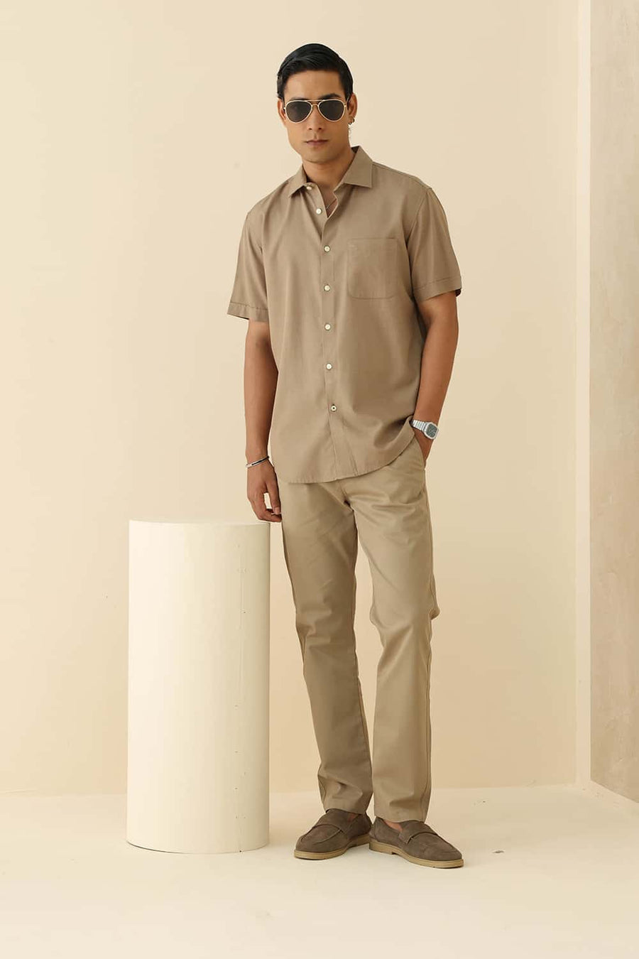 Basics Slim Fit Mink Khaki Lyocell Linen Halfsleeves Shirt