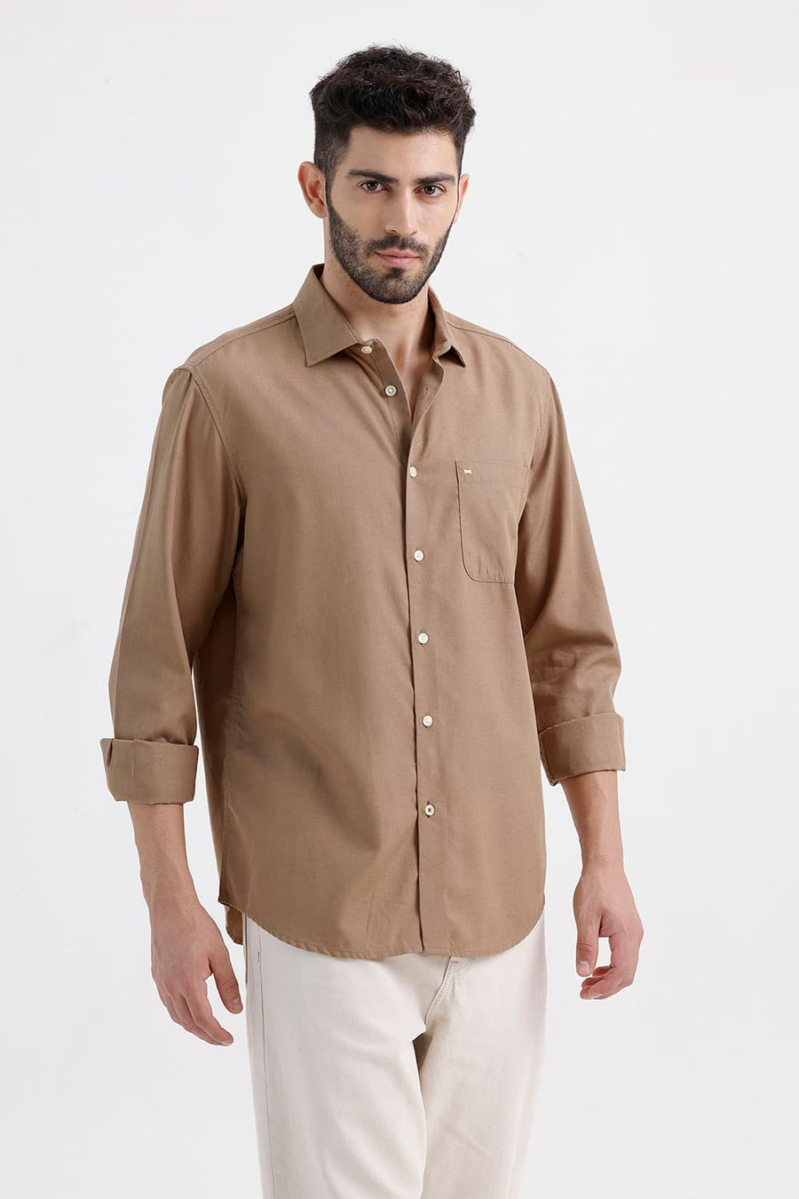 BASICS SLIM FIT MINK KHAKI LYOCELL LINEN SHIRT