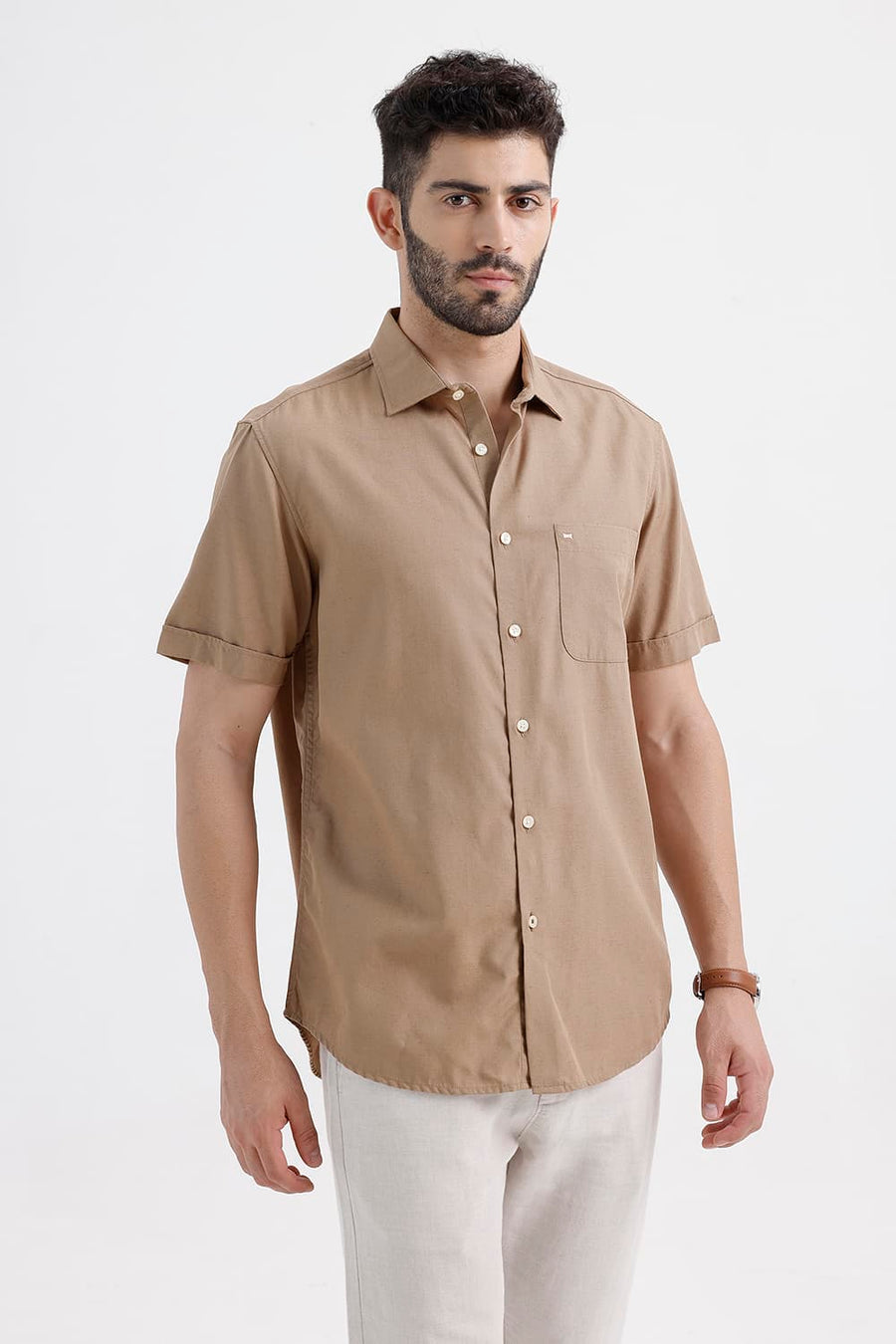 BASICS SLIM FIT MINK KHAKI LYOCELL LINEN HALFSLEEVES SHIRT