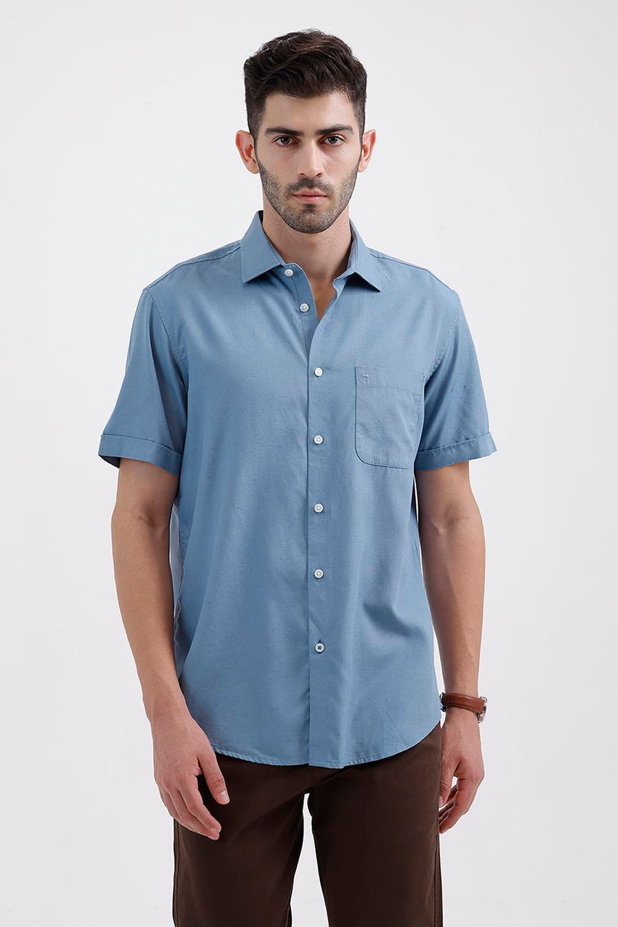 BASICS SLIM FIT BLUE LAKE LYOCELL LINEN HALFSLEEVES SHIRT
