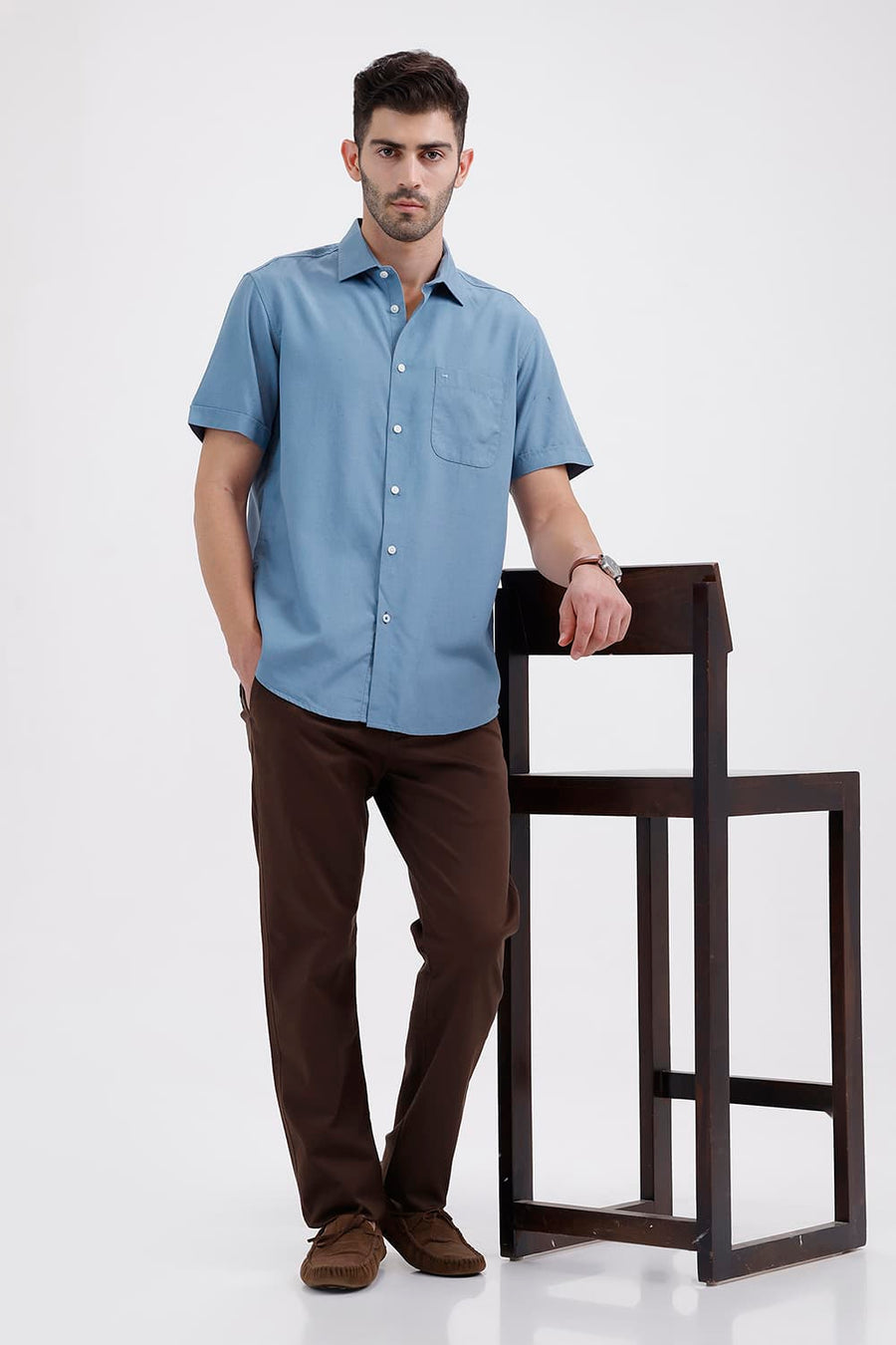 BASICS SLIM FIT BLUE LAKE LYOCELL LINEN HALFSLEEVES SHIRT