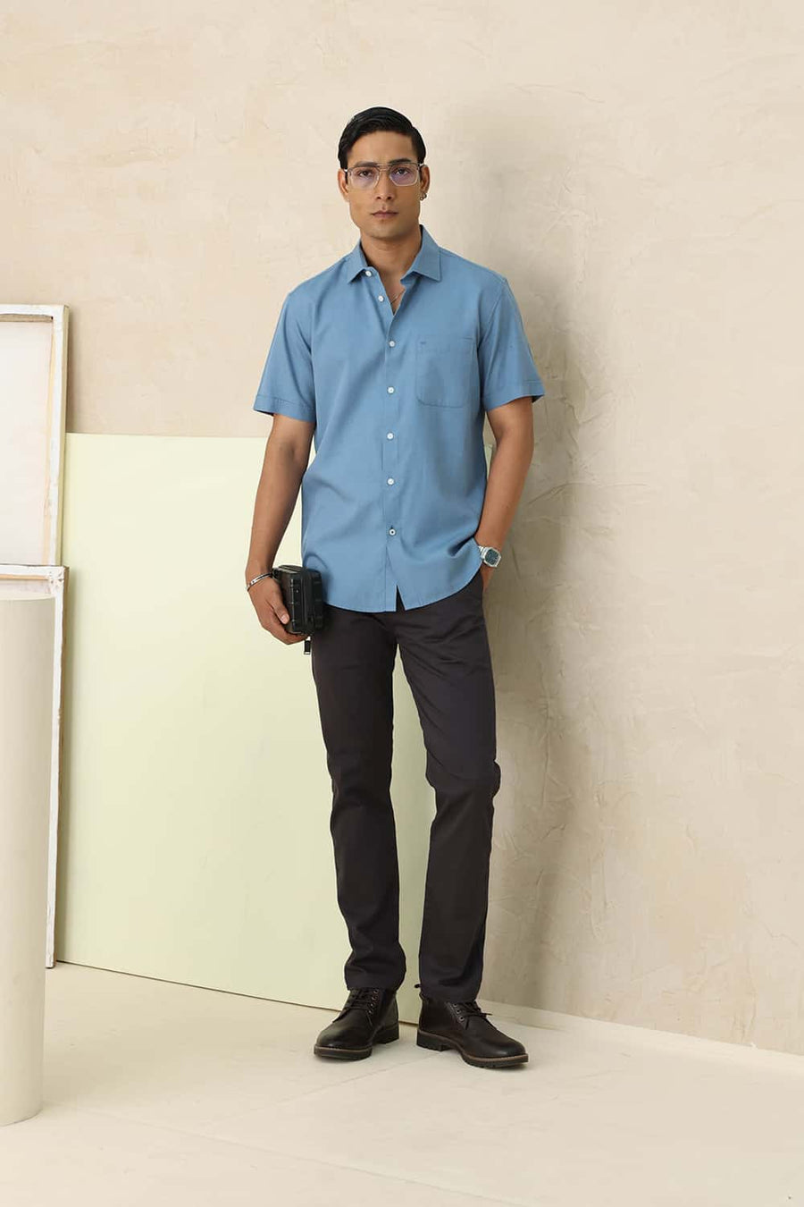 Basics Slim Fit Blue Lake Lyocell Linen Halfsleeves Shirt