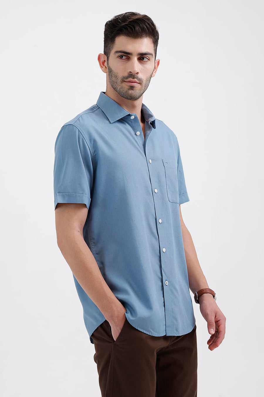 BASICS SLIM FIT BLUE LAKE LYOCELL LINEN HALFSLEEVES SHIRT